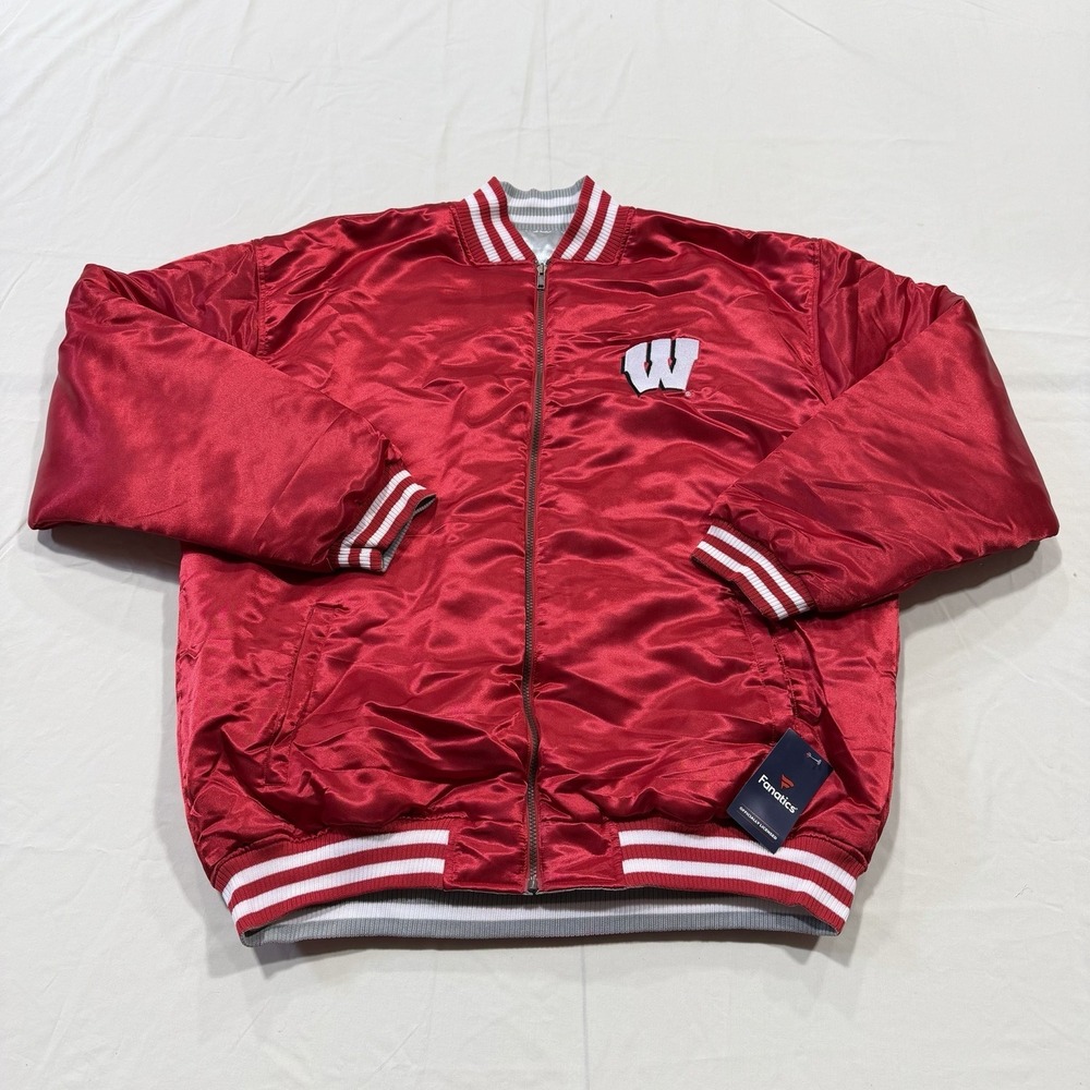 Wisconsin‎ Badgers REVERSIBLE Faux Satin Jacket Mens XLT Red Silver Fanatics NWT